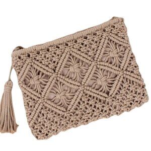 Wanderlust Weave and Tassel Clutch Chic Summer Bag, TAUPE